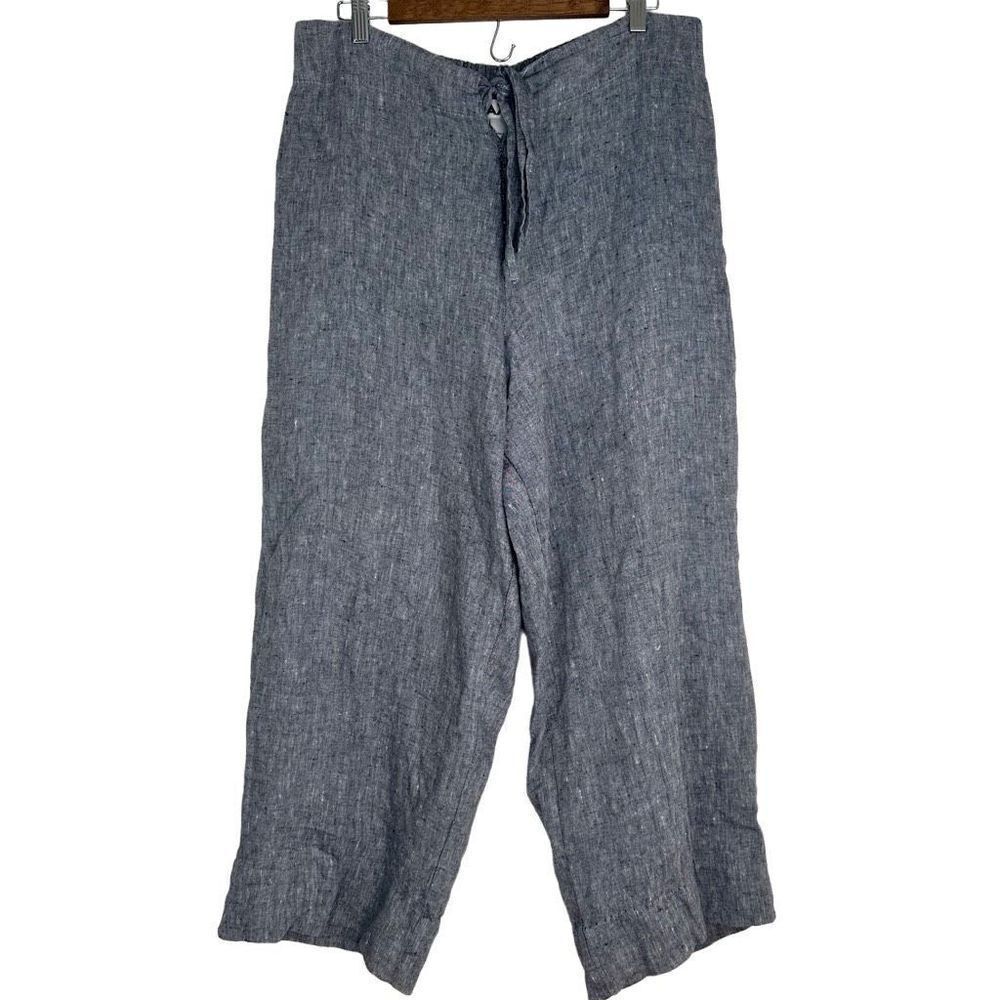 FLAX Womens Blue Linen‎ High Rise Wide Leg Pants Large Minimalist Lagenlook FLAW